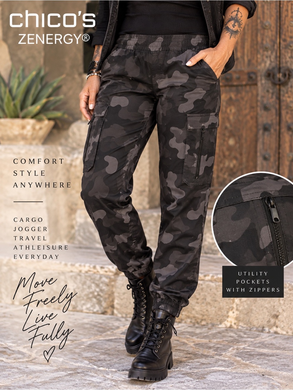 Chico's Black & Charcoal Camouflage Cargo Jogger Pants